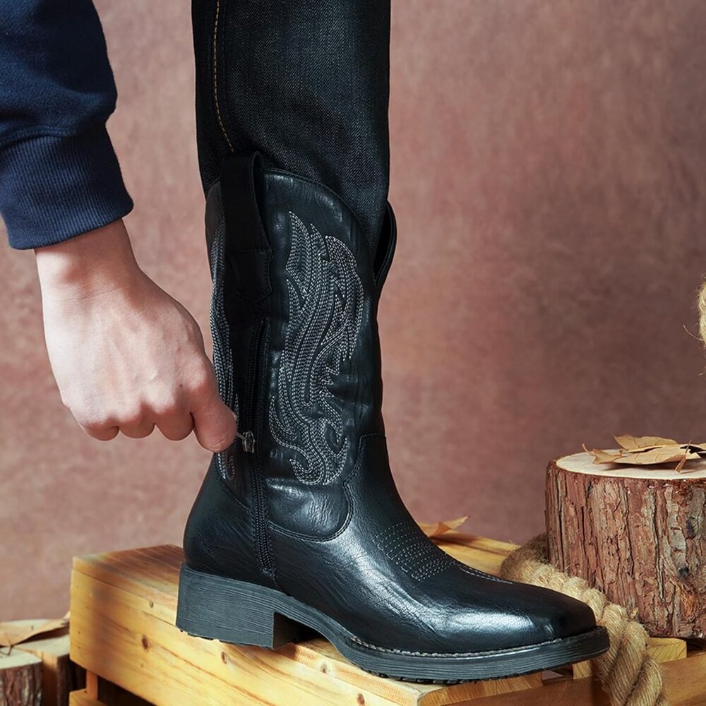 🆕Jousen Mens Amy8420-black Embroidery Retro Square Toe Chunky Heeled Boots - Picture 9 of 12